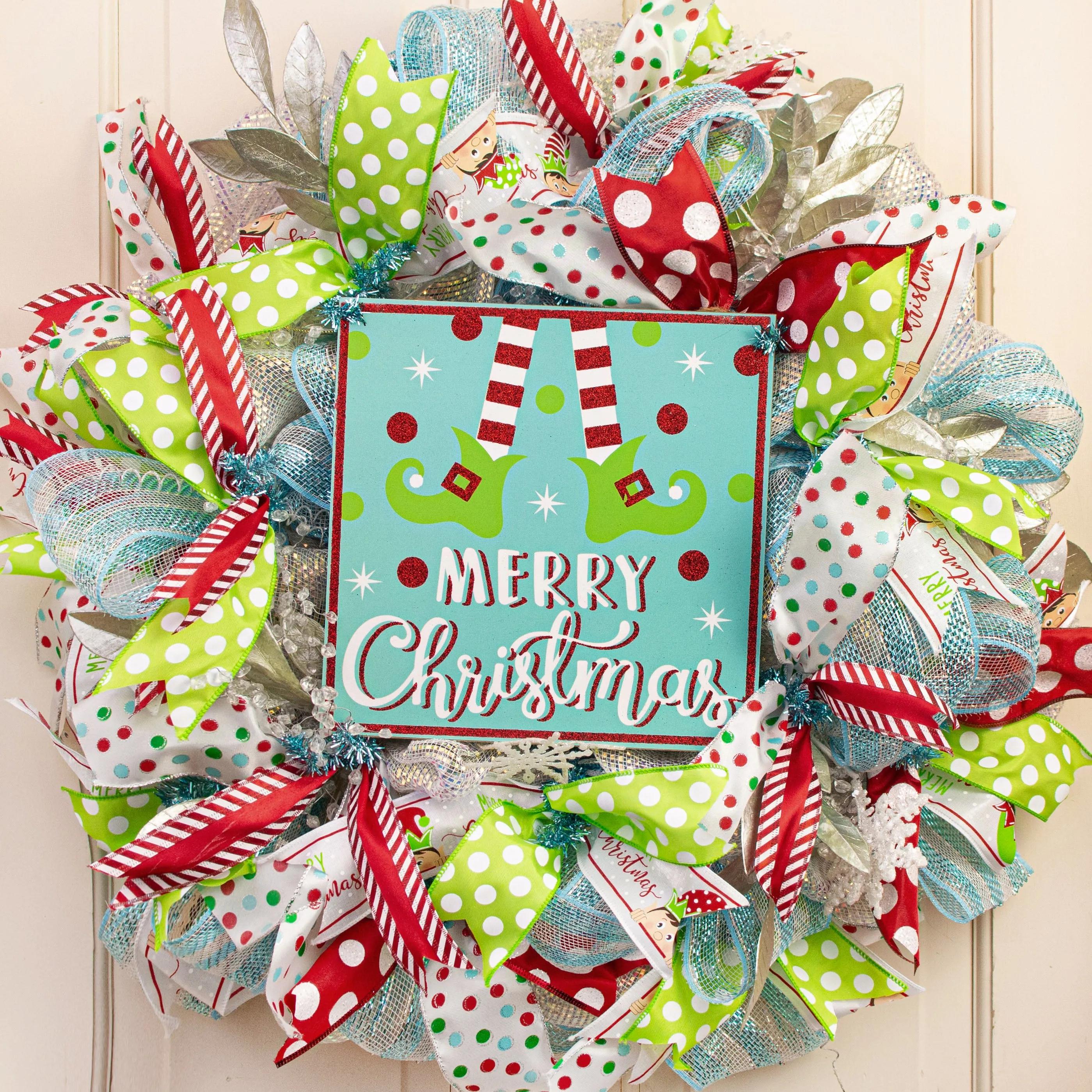 10" Square Wooden Sign: Ice Blue Glitter Christmas Elf