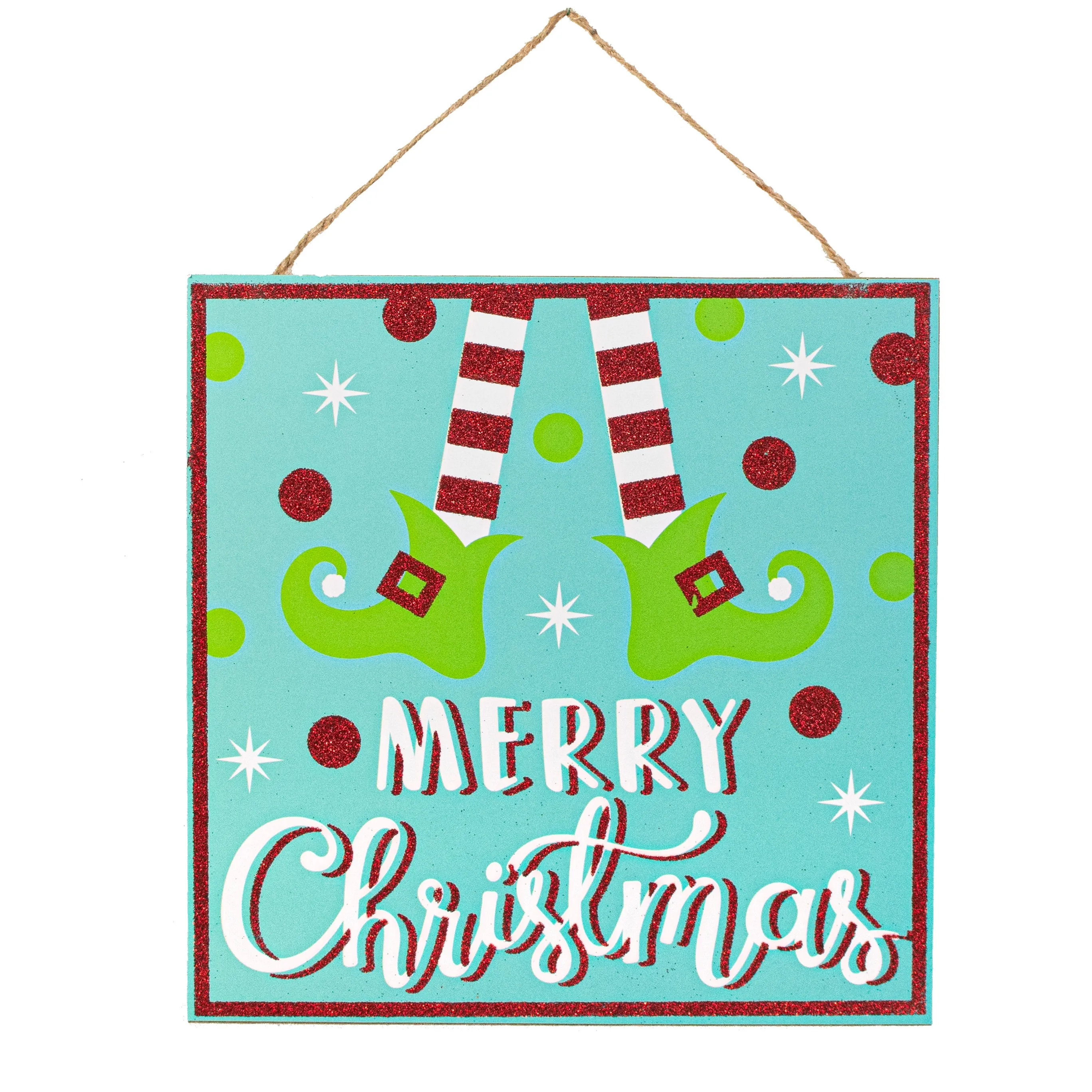 10" Square Wooden Sign: Ice Blue Glitter Christmas Elf