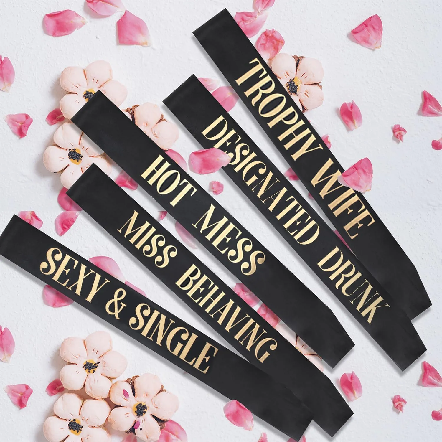 12 Pack- Bachelorette Party Bride to Be Sash- Unique Bride Bridesmaid Sashes for Bachelorette Party (Black, Rose Gold Letters)