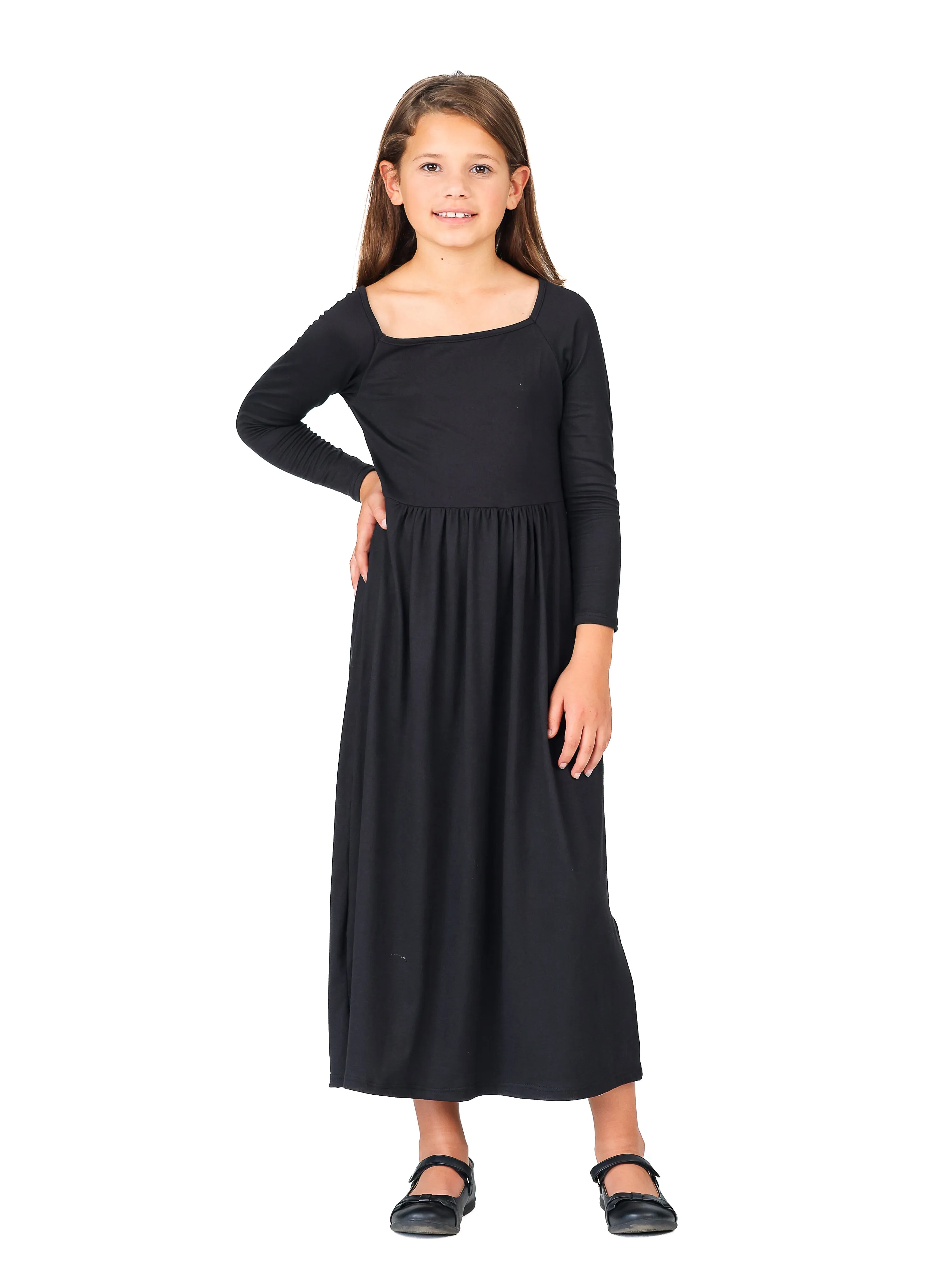 24seven Comfort Apparel Girls Long Sleeve Pleated Maxi Dress Solid Color