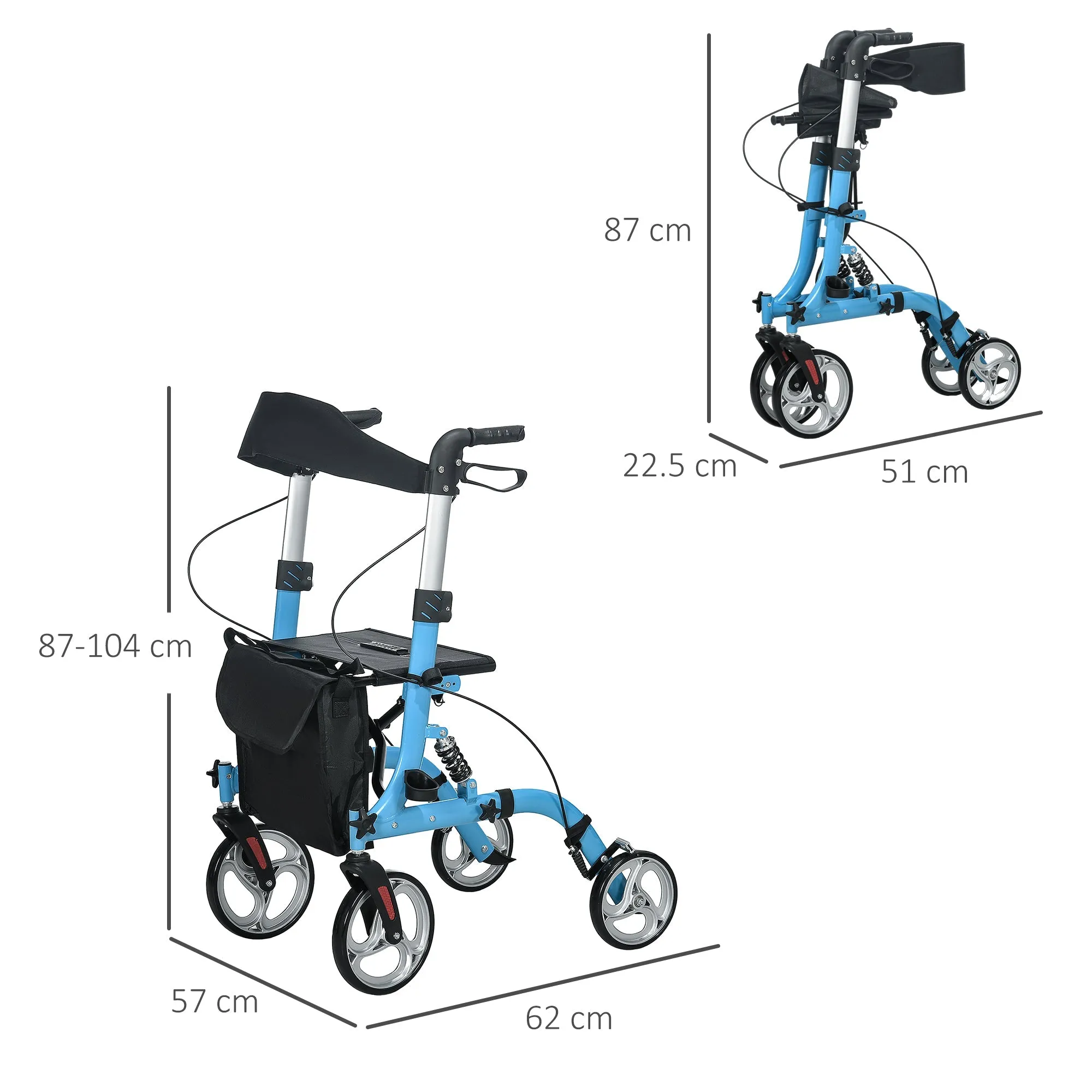 4 Wheel Rollator With Seat & Back, Lightweight Folding Mobility Walker Large Wheels Carry Bag Adjustable Height