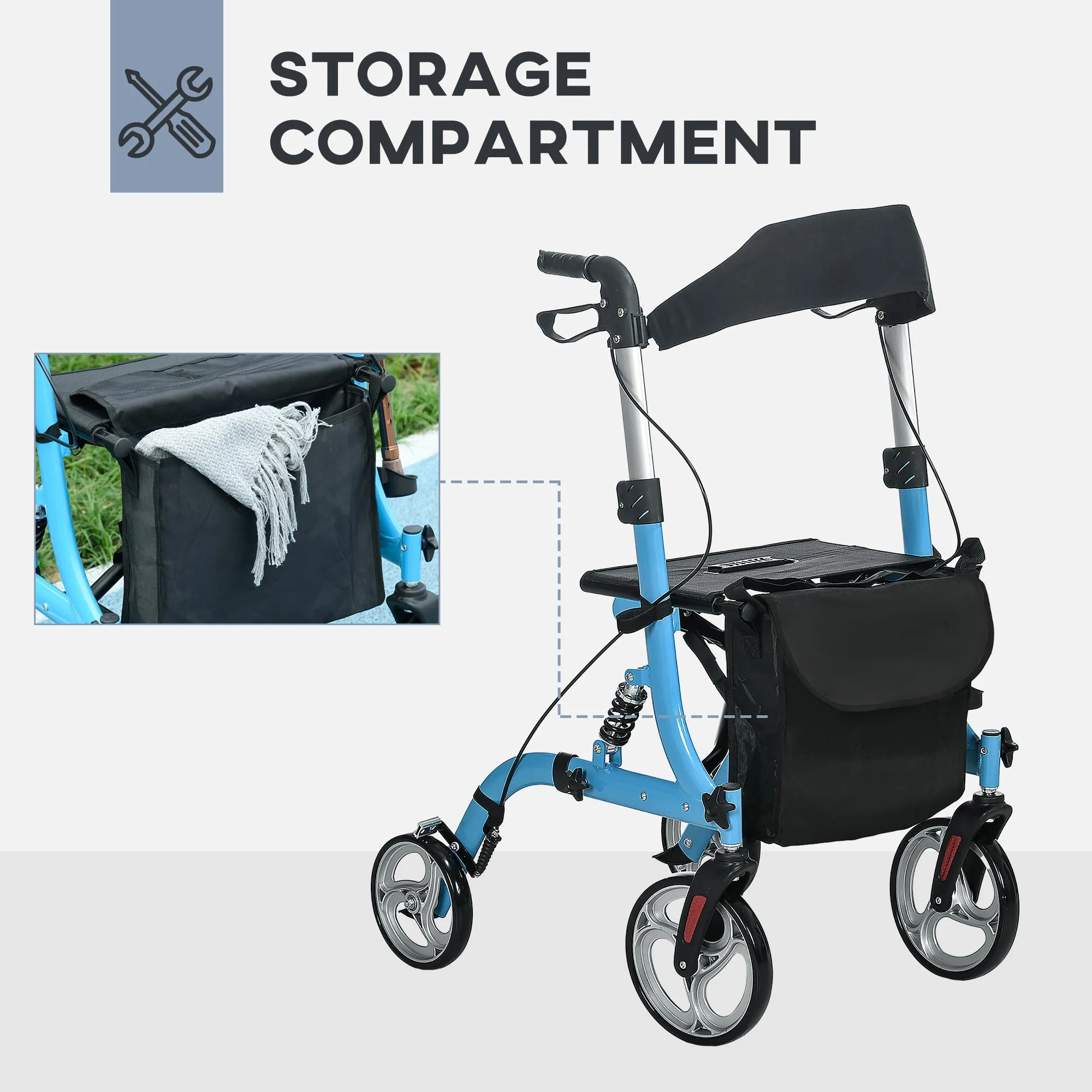 4 Wheel Rollator With Seat & Back, Lightweight Folding Mobility Walker Large Wheels Carry Bag Adjustable Height