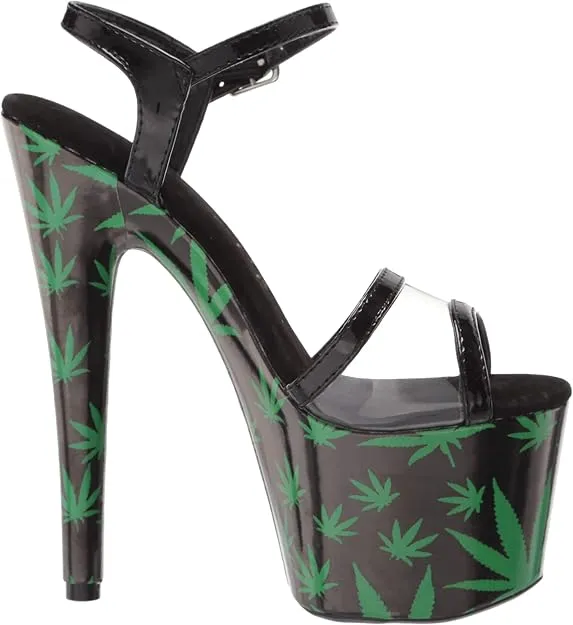 Ashley-709 Marijuana Printed Strappy 7" Heel Sandals