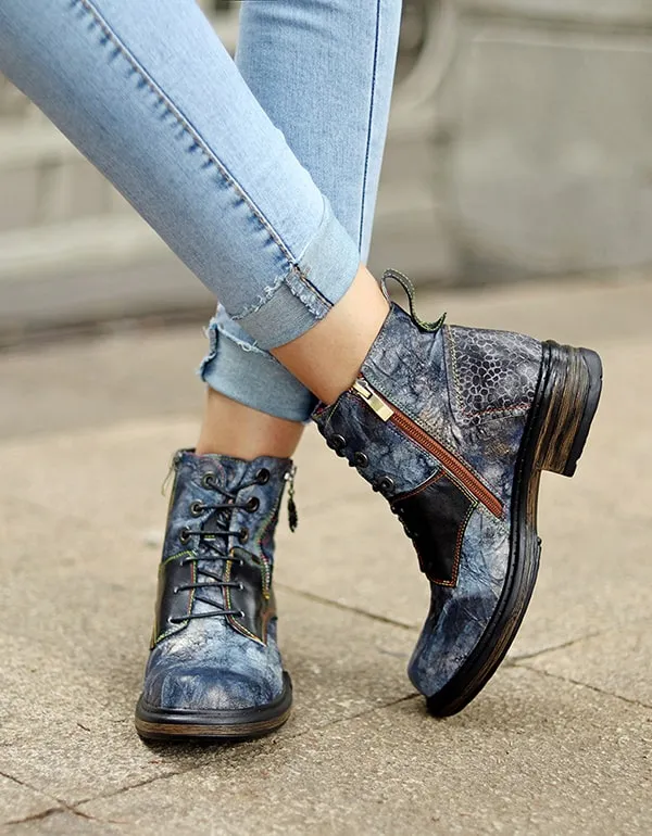 Autumn Handmade Retro Printed Leather Ankle Boots