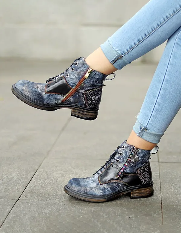 Autumn Handmade Retro Printed Leather Ankle Boots