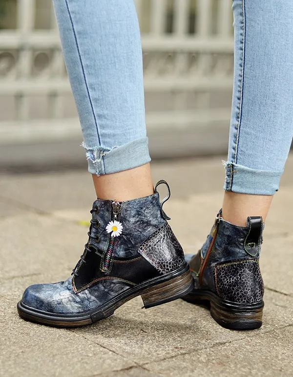 Autumn Handmade Retro Printed Leather Ankle Boots