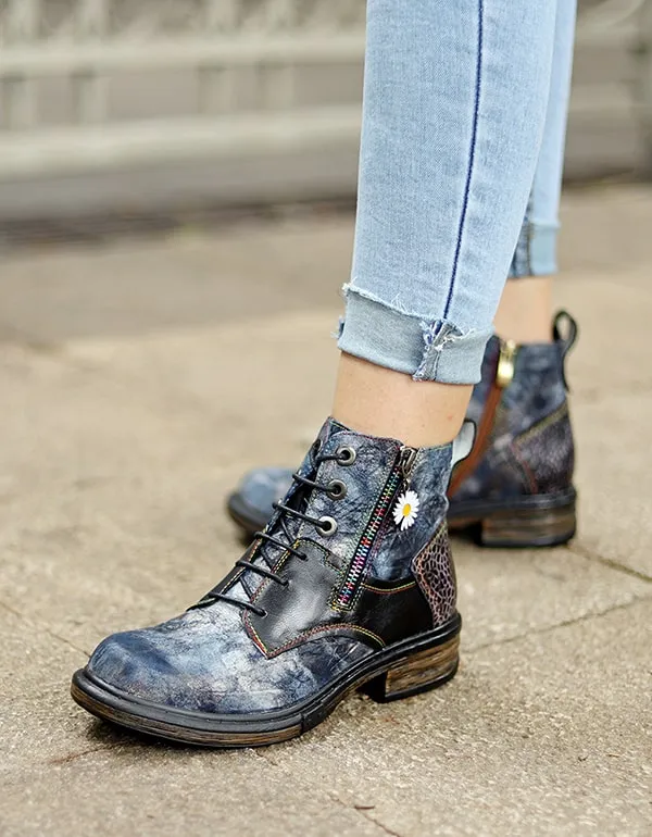 Autumn Handmade Retro Printed Leather Ankle Boots