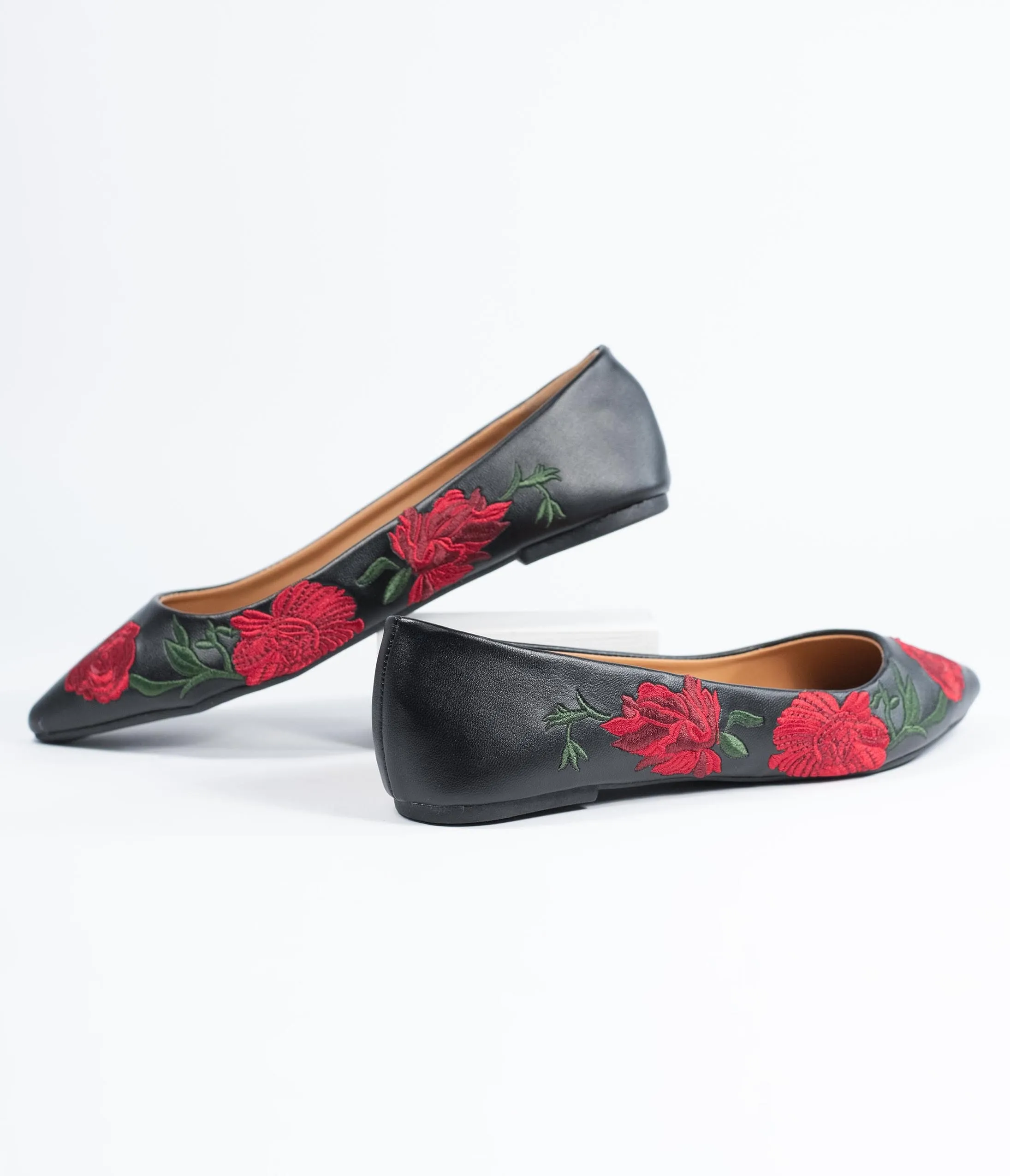 Black & Red Embroidered Florals Leatherette Flats