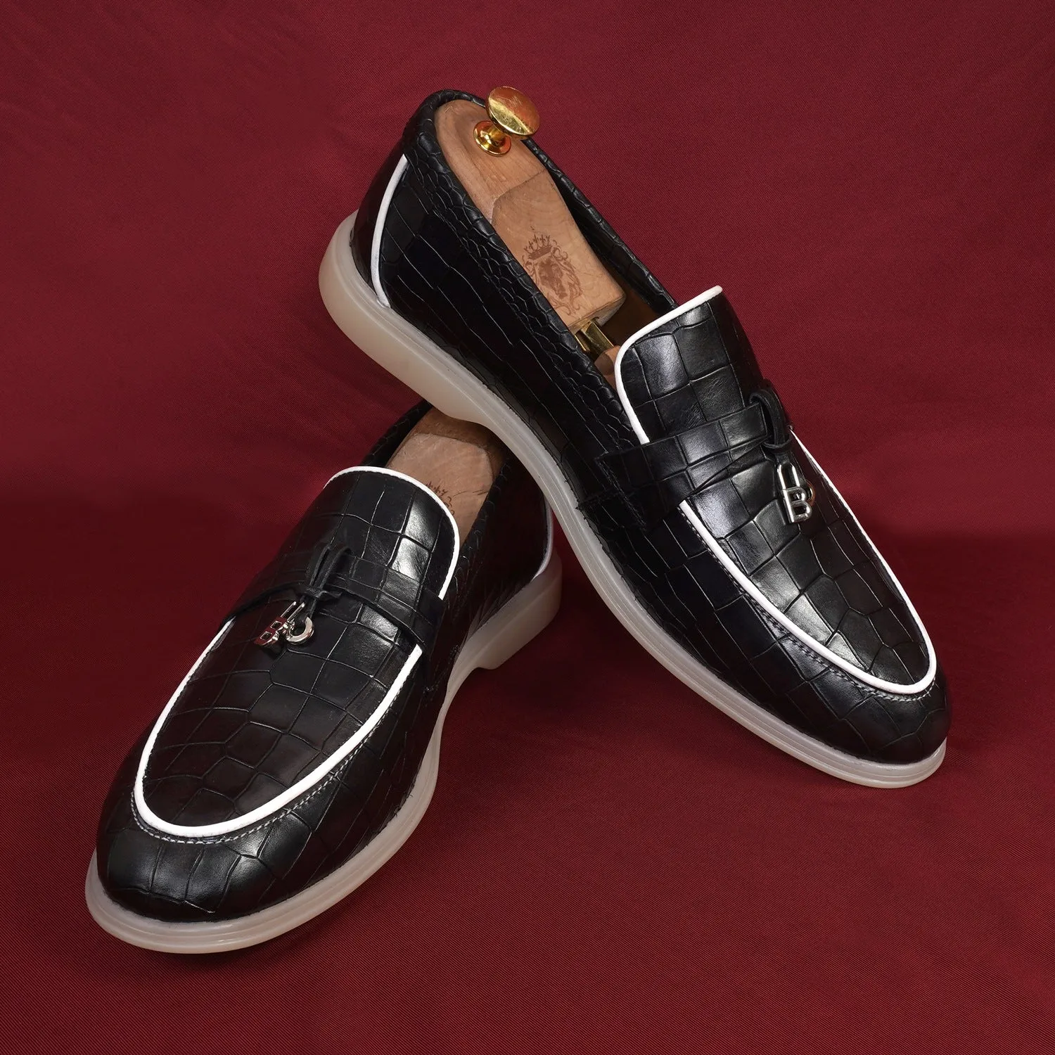 Black Deep Cut Yacht Loafers With Rubber Sole