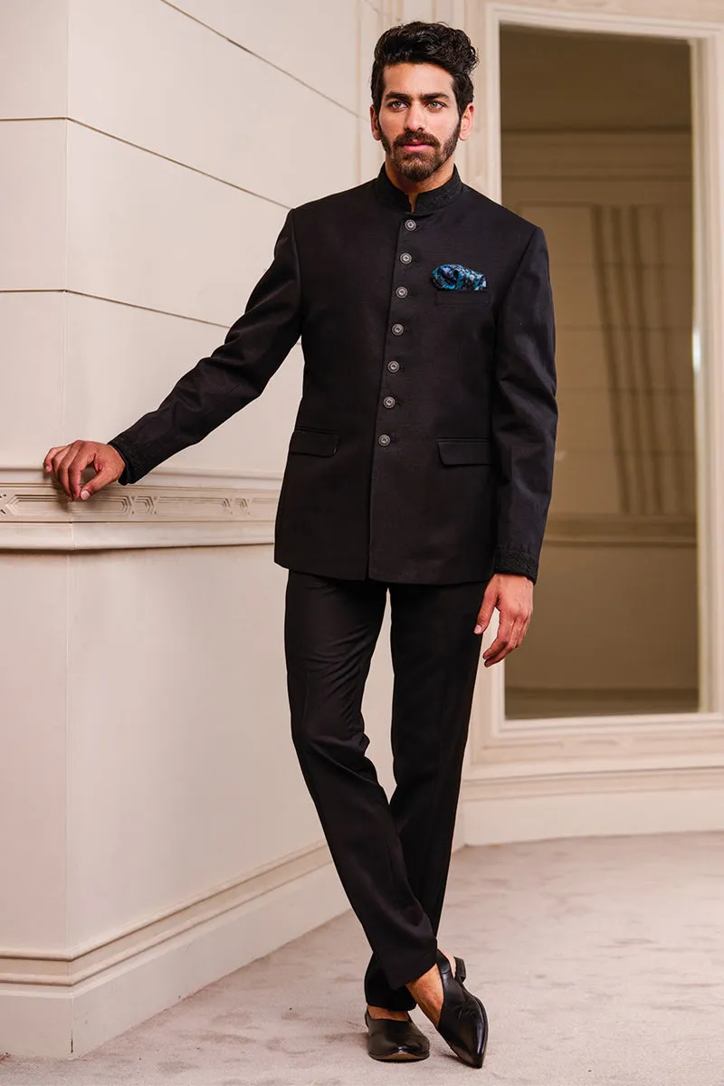 Black Linen Bandhgala With Dori Embroidery