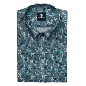 Blue Green Leaf Printed Wool Cotton Shirt For Men