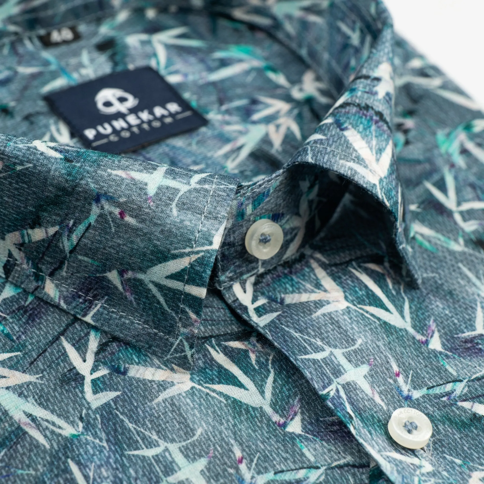 Blue Green Leaf Printed Wool Cotton Shirt For Men