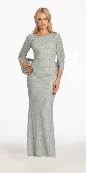 Boat Neck Glitter Lace Column Dress with Drape Back