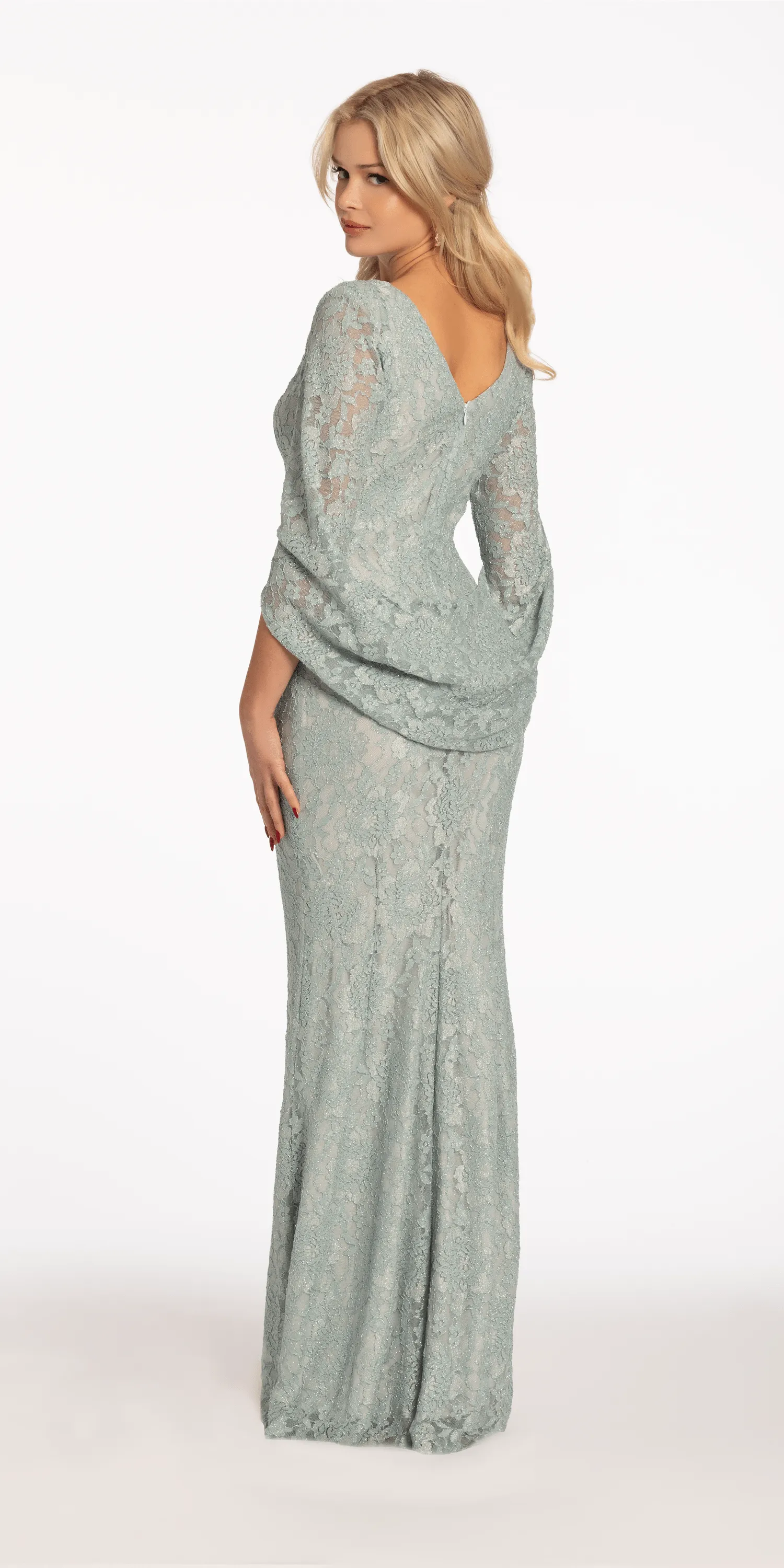 Boat Neck Glitter Lace Column Dress with Drape Back