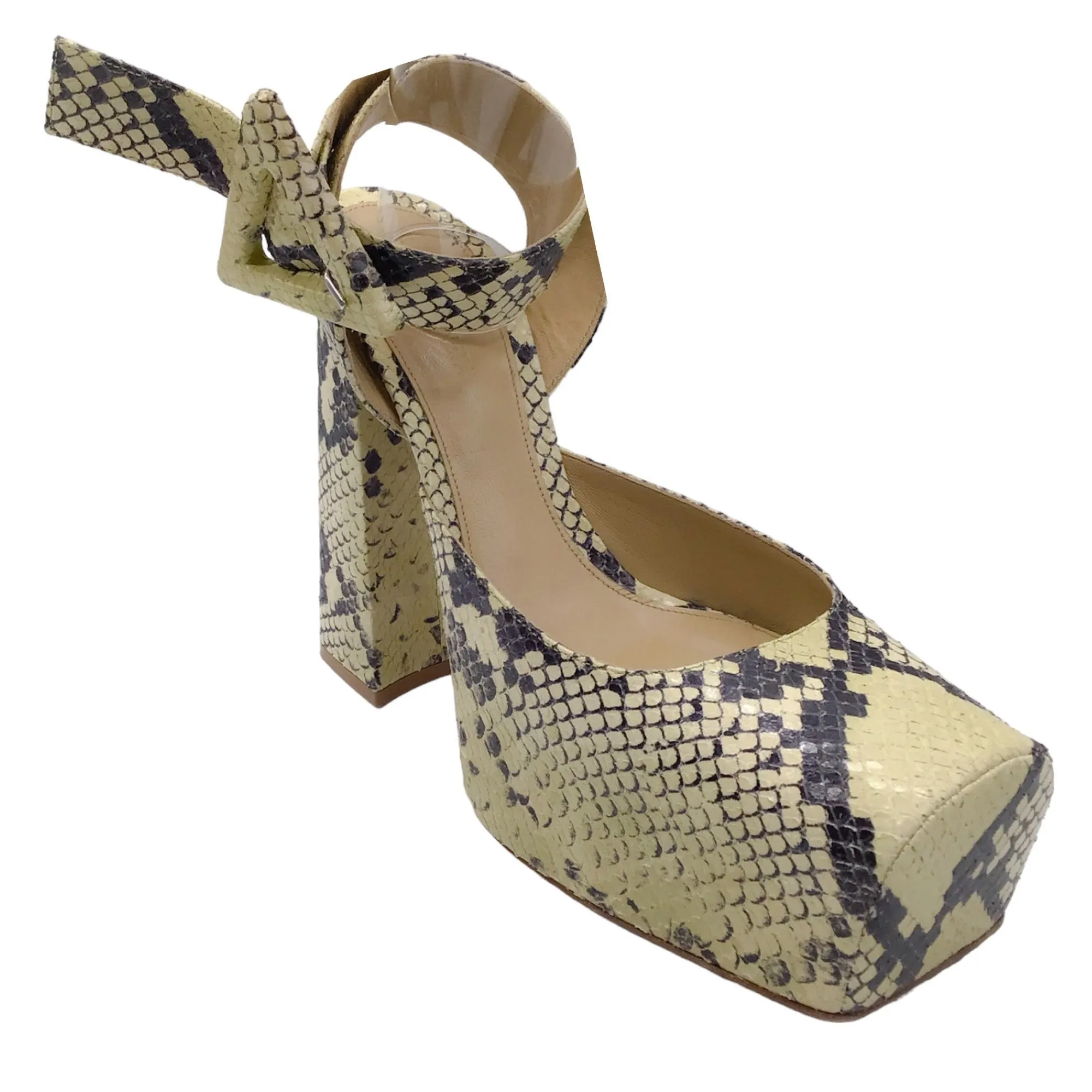 Bottega Veneta Yellow / Black Python Printed Tower Ankle Strap Platform Pumps