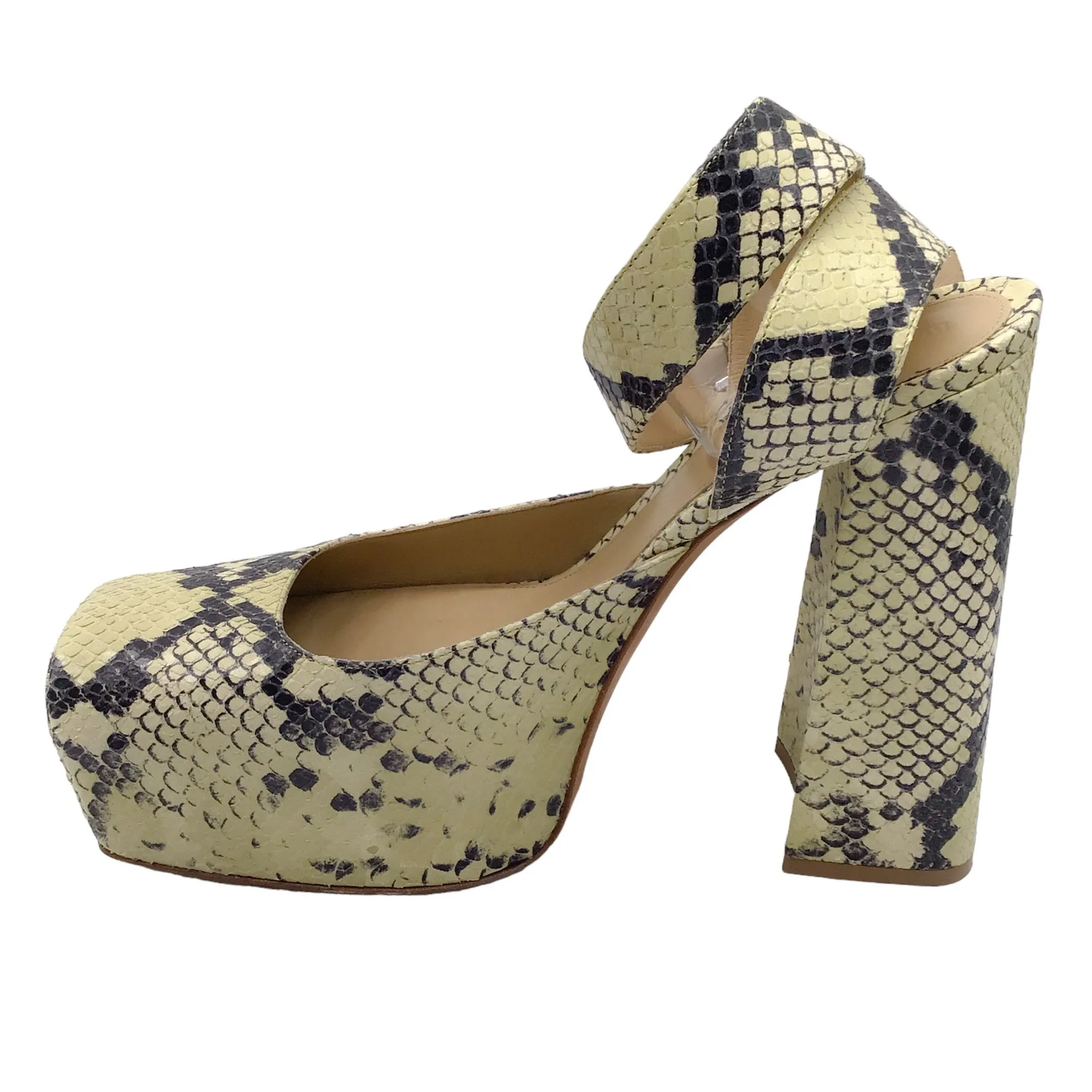 Bottega Veneta Yellow / Black Python Printed Tower Ankle Strap Platform Pumps