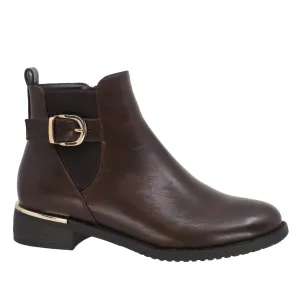 BROWN SIDE DETAIL BUCKLE AND ZIPPER SHORT BOOT