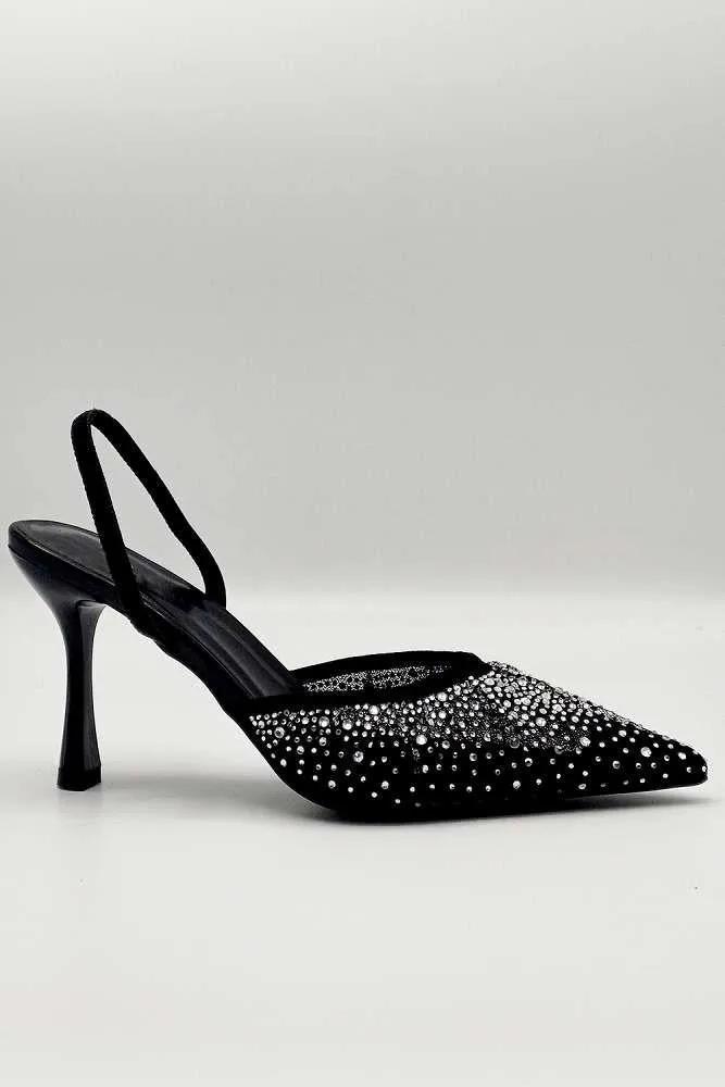 Cedilia Gemstone Embellished Mesh Slingback Court Shoes in Black