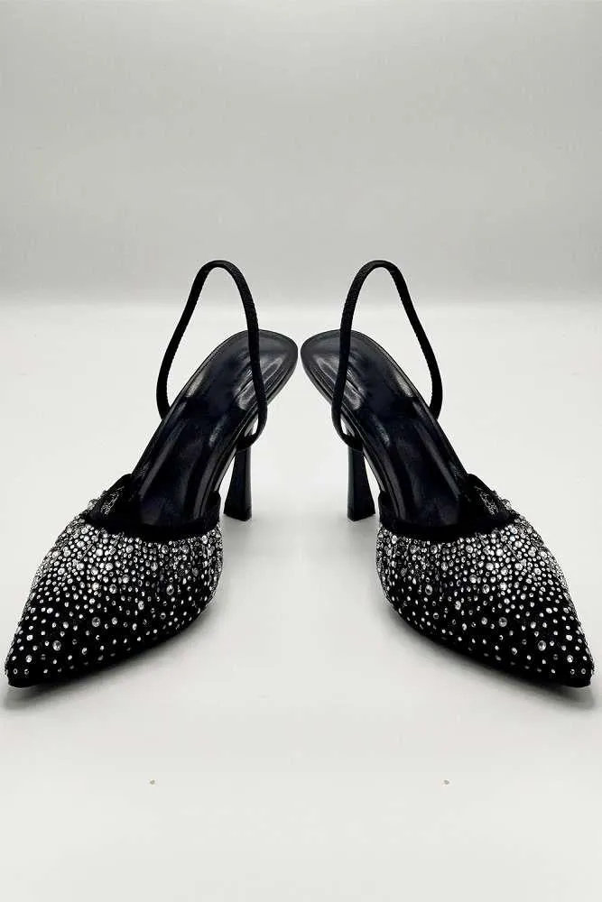 Cedilia Gemstone Embellished Mesh Slingback Court Shoes in Black