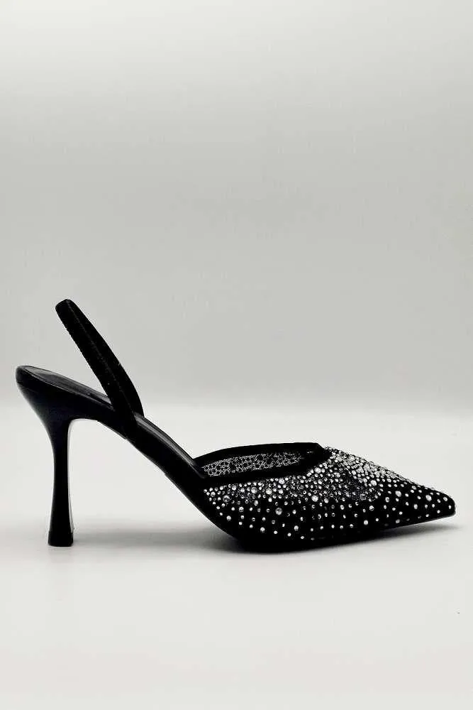 Cedilia Gemstone Embellished Mesh Slingback Court Shoes in Black