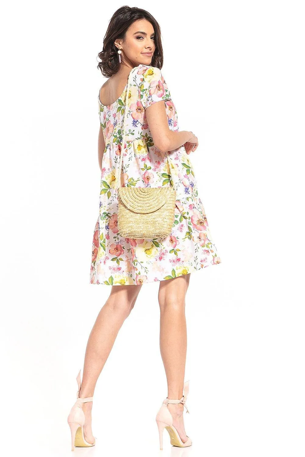 Charming Floral Boat Neck Mini Dress - 100% Cotton, Multiple Sizes Available