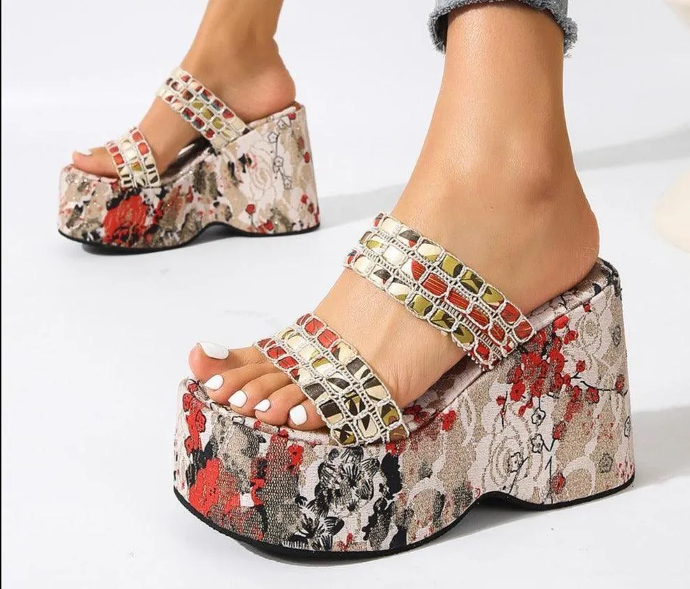 Chunky Printed Wedge Sandals