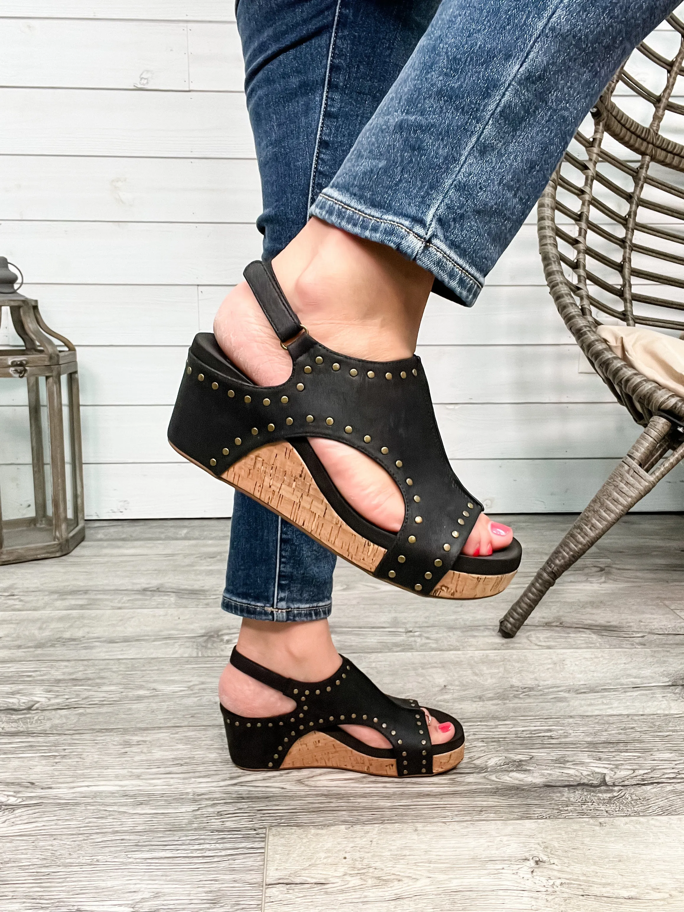 Corkys "Carley" Wedge Sandal (Black Oil Studs)