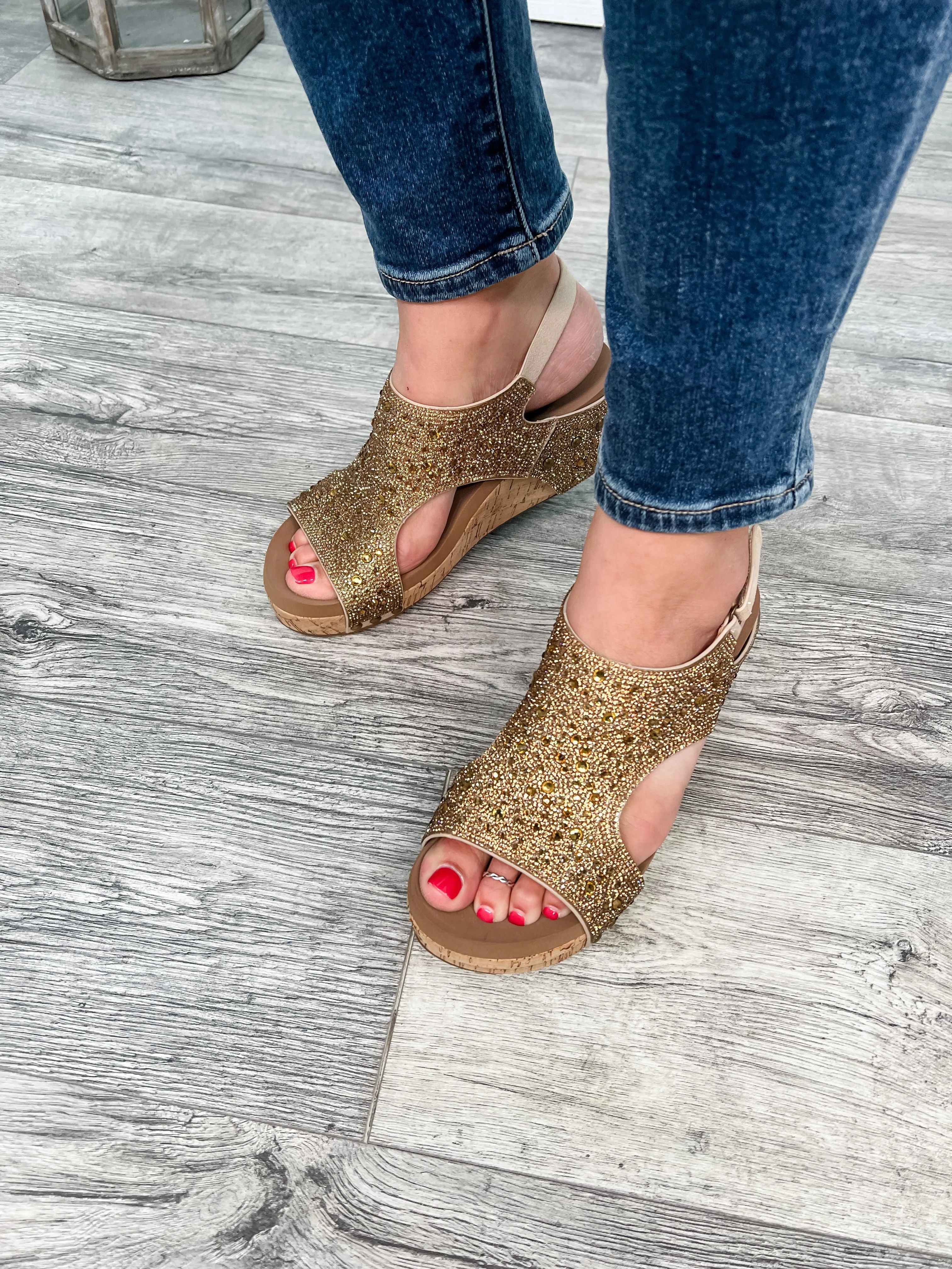 Corkys "The Ashley" Rhinestone Corky Wedge Sandal (Gold)