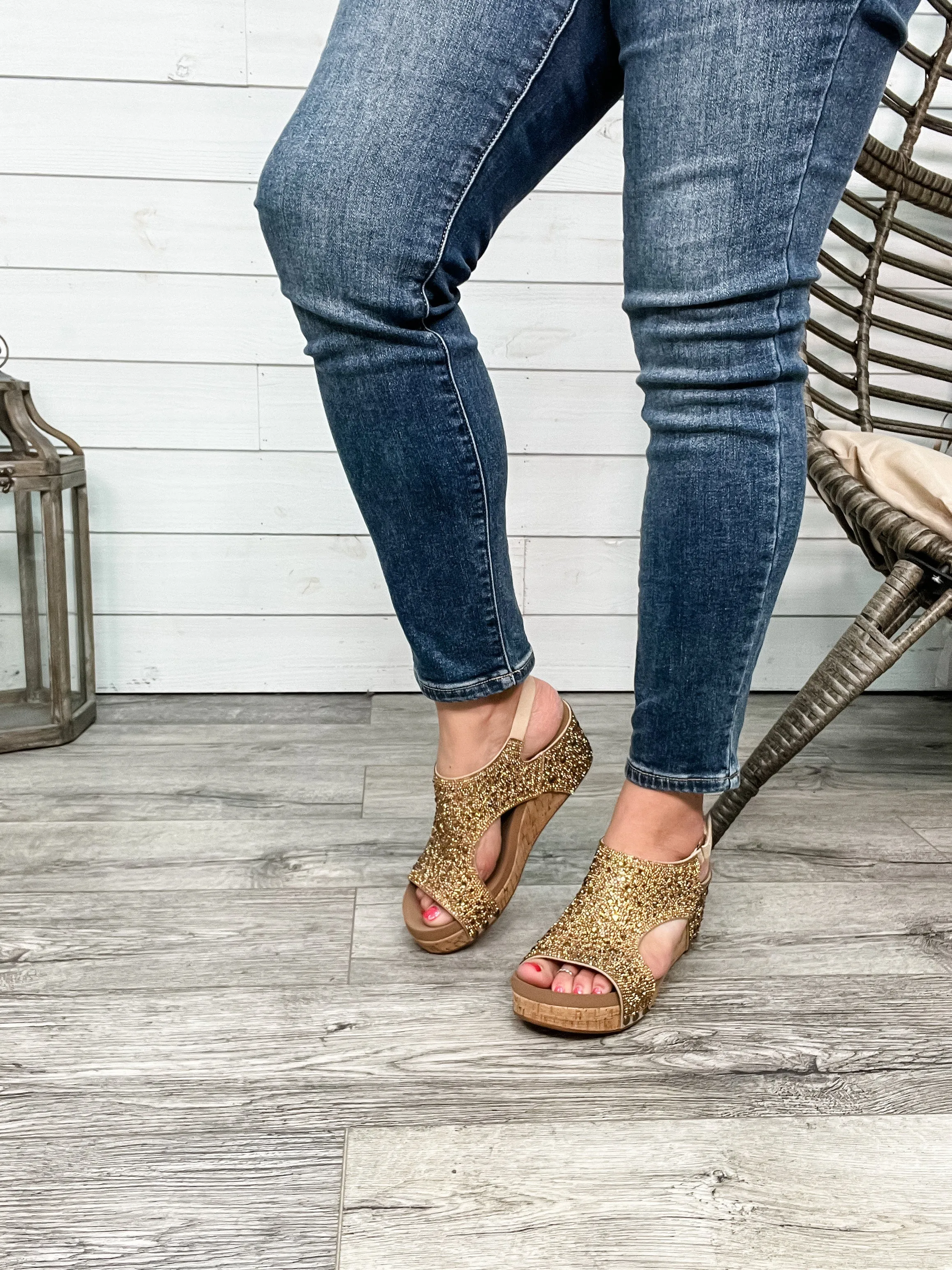 Corkys "The Ashley" Rhinestone Corky Wedge Sandal (Gold)