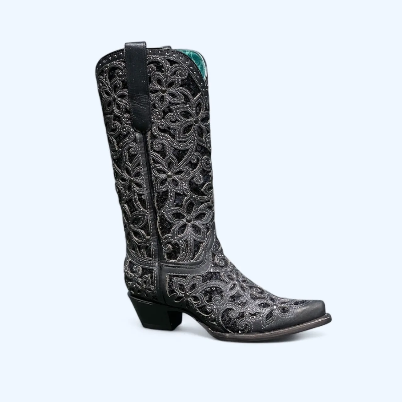 Corral WOMENS All Black Pointy Inlay Embroidery with Studs Boot