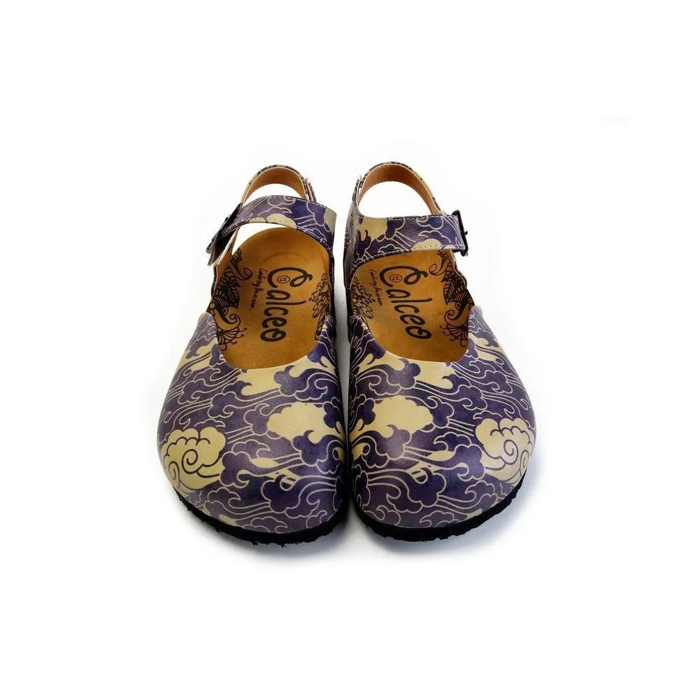 Dark Blue and Cream Windy Clouds Patterned Clogs - CAL1602