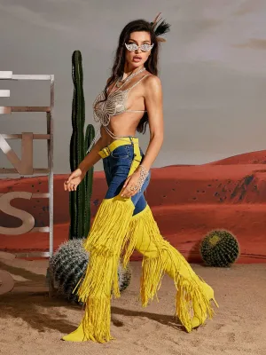 Eleni Denim Fringe Printed Boots In Yellow