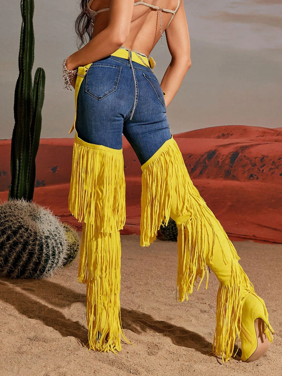 Eleni Denim Fringe Printed Boots In Yellow