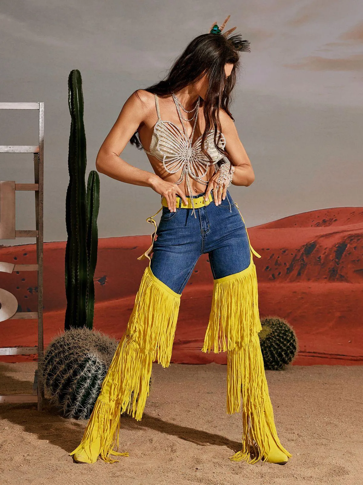 Eleni Denim Fringe Printed Boots In Yellow