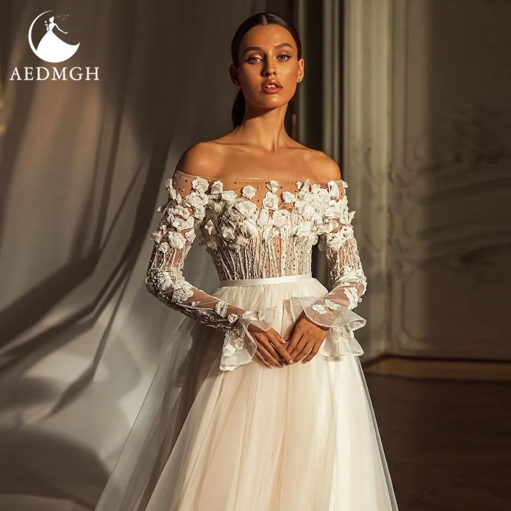 Evelyn Romantic 3D Flowers Wedding Dress Boat Neck Long Sleeve Beaded Appliques