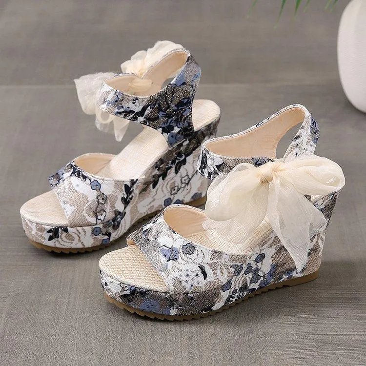 Floral Print Peep Toe Wedge Sandals