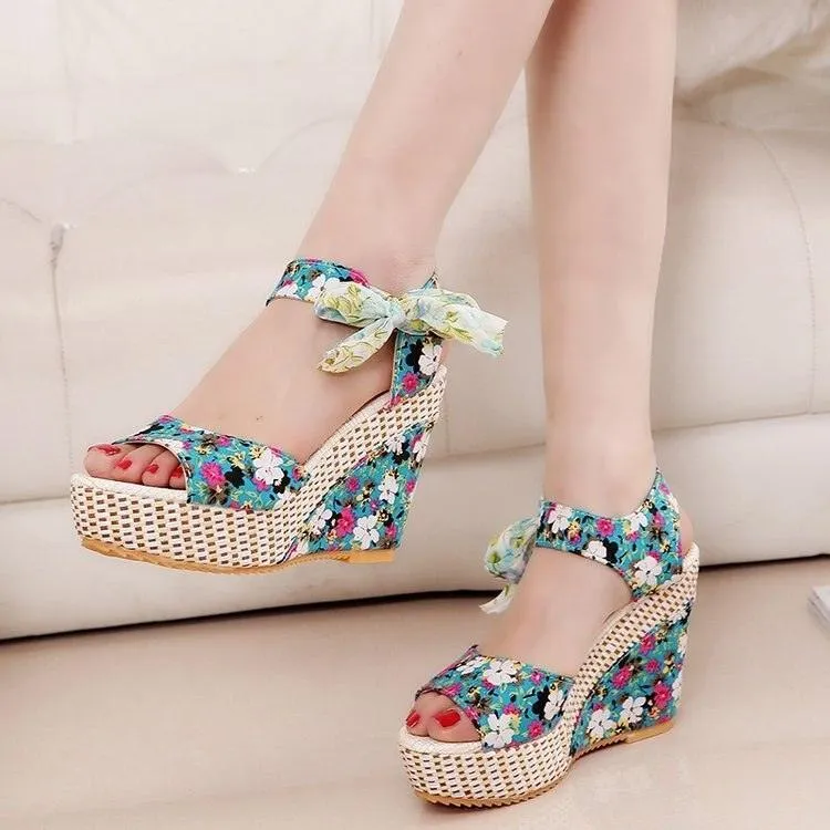 Floral Print Peep Toe Wedge Sandals