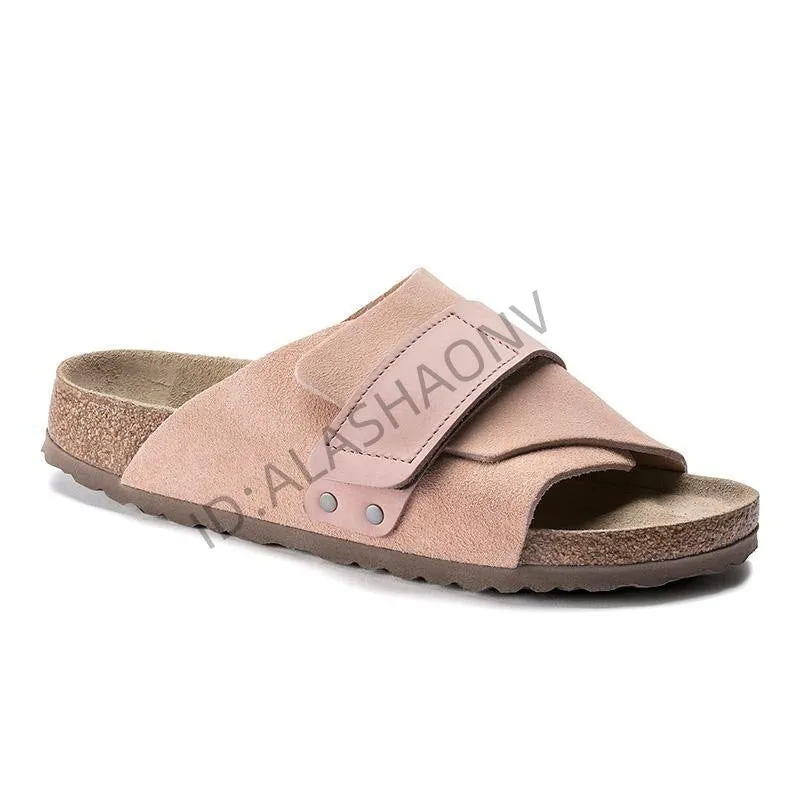 Full Cowhide Birkenstock Non-Slip Velvet Velcro Men's and Women's Same Style Boken Cork Sole One-Word Sandals Women's Outer Wear