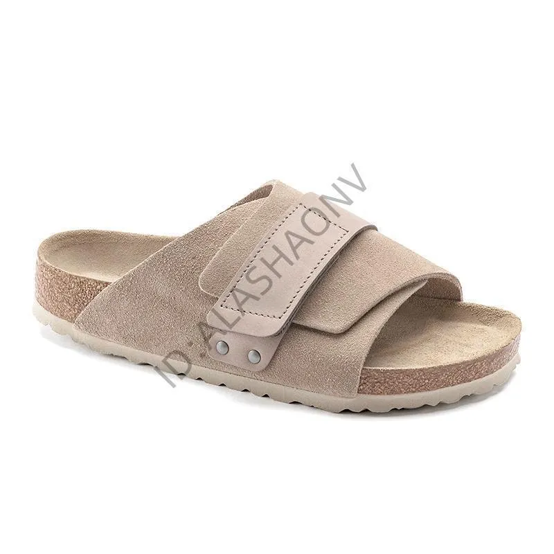 Full Cowhide Birkenstock Non-Slip Velvet Velcro Men's and Women's Same Style Boken Cork Sole One-Word Sandals Women's Outer Wear