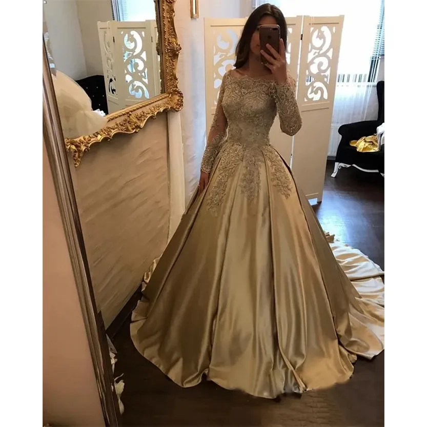 Funki Buys | Dresses | Women's Gold Satin Lace Wedding Gown