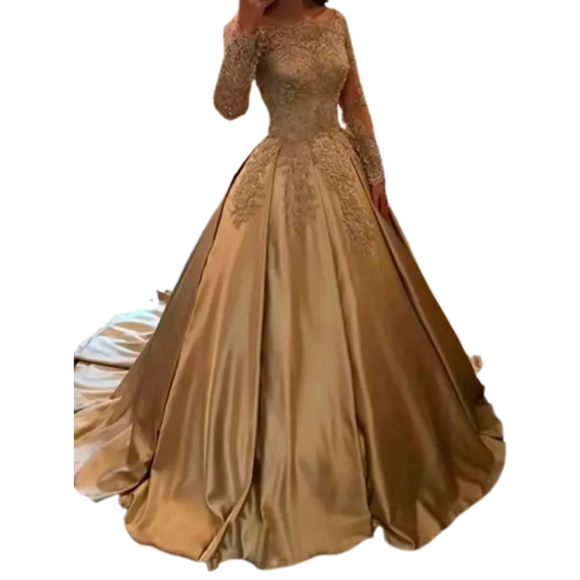 Funki Buys | Dresses | Women's Gold Satin Lace Wedding Gown