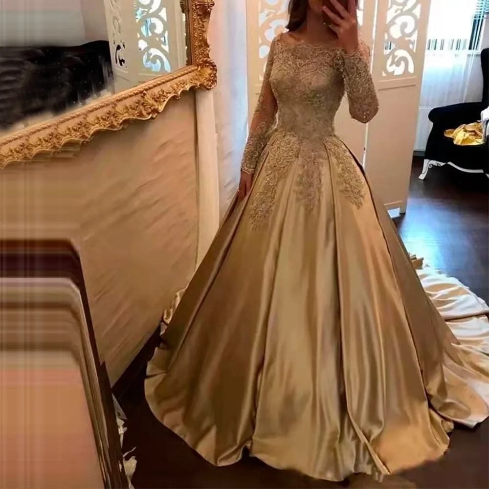 Funki Buys | Dresses | Women's Gold Satin Lace Wedding Gown