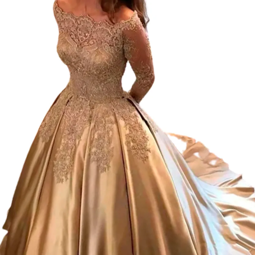 Funki Buys | Dresses | Women's Gold Satin Lace Wedding Gown