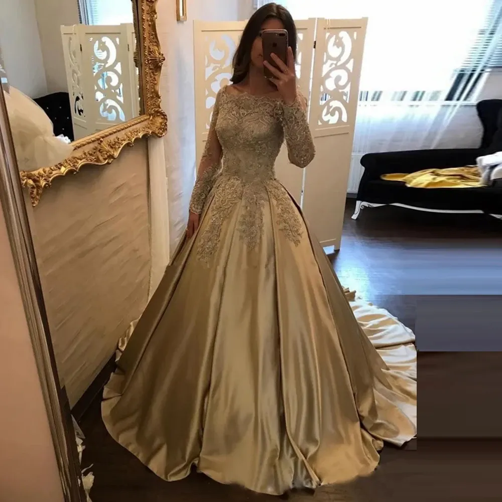 Funki Buys | Dresses | Women's Gold Satin Lace Wedding Gown