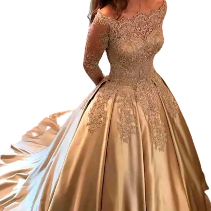 Funki Buys | Dresses | Women's Gold Satin Lace Wedding Gown