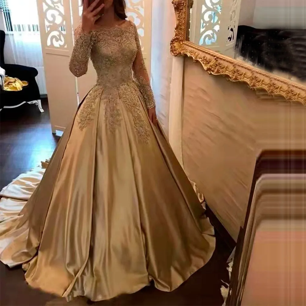 Funki Buys | Dresses | Women's Gold Satin Lace Wedding Gown