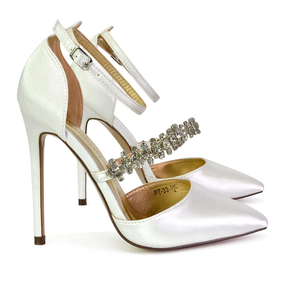 Giana Pointed Toe Strappy Stiletto High Heel Court Wedding Shoes in Silver Glitter