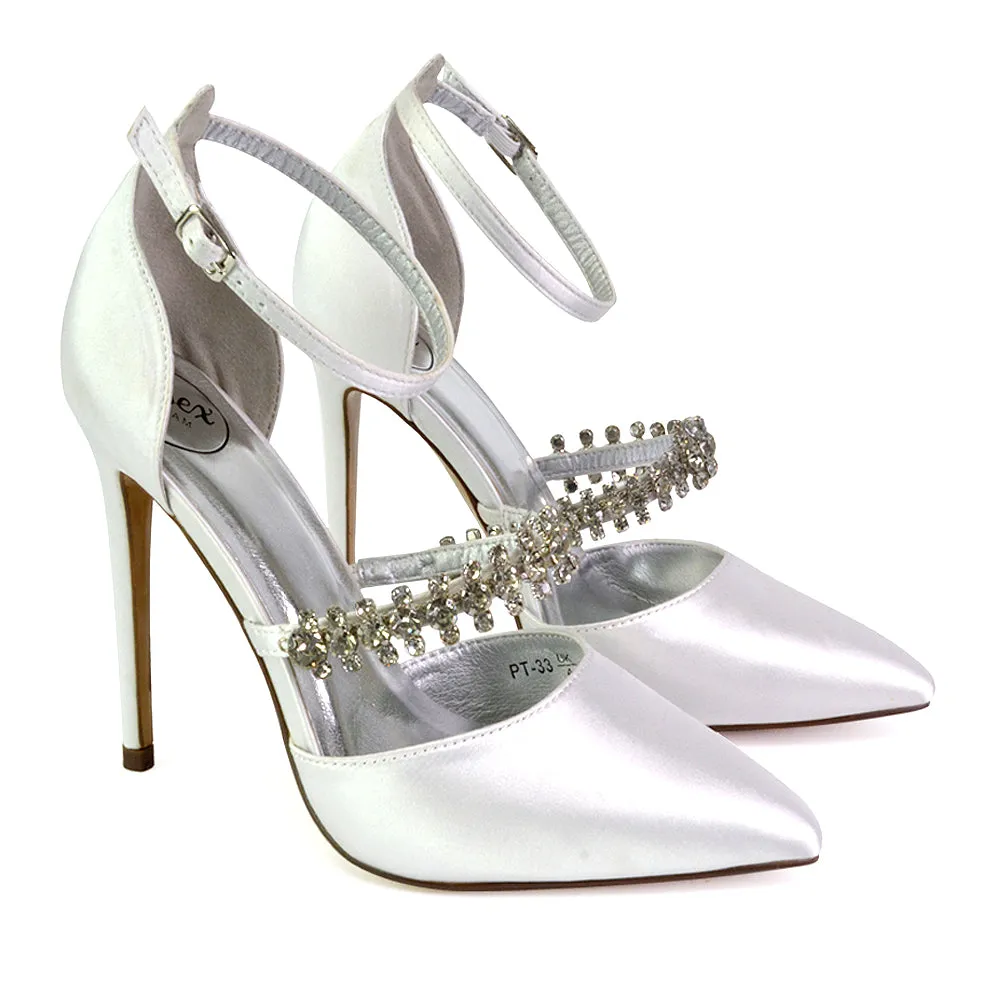 Giana Pointed Toe Strappy Stiletto High Heel Court Wedding Shoes in Silver Glitter