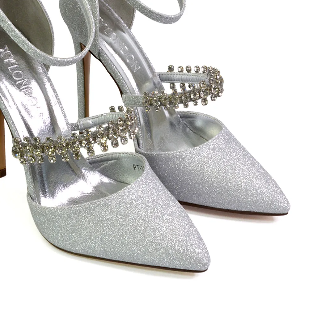 Giana Pointed Toe Strappy Stiletto High Heel Court Wedding Shoes in Silver Glitter