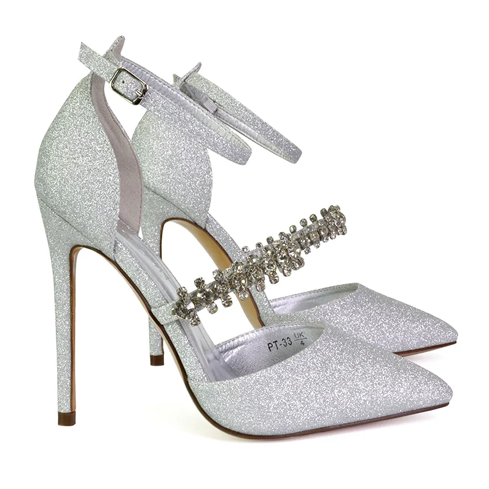 Giana Pointed Toe Strappy Stiletto High Heel Court Wedding Shoes in Silver Glitter